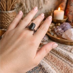 Black Raw Tourmaline Handmade Adjustable Gothic Boho Ring